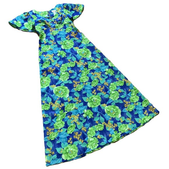 McInerny Hawaiian Maxi Dress Empire Waist Lime Green Floral Vintage 70s - Picture 3 of 6